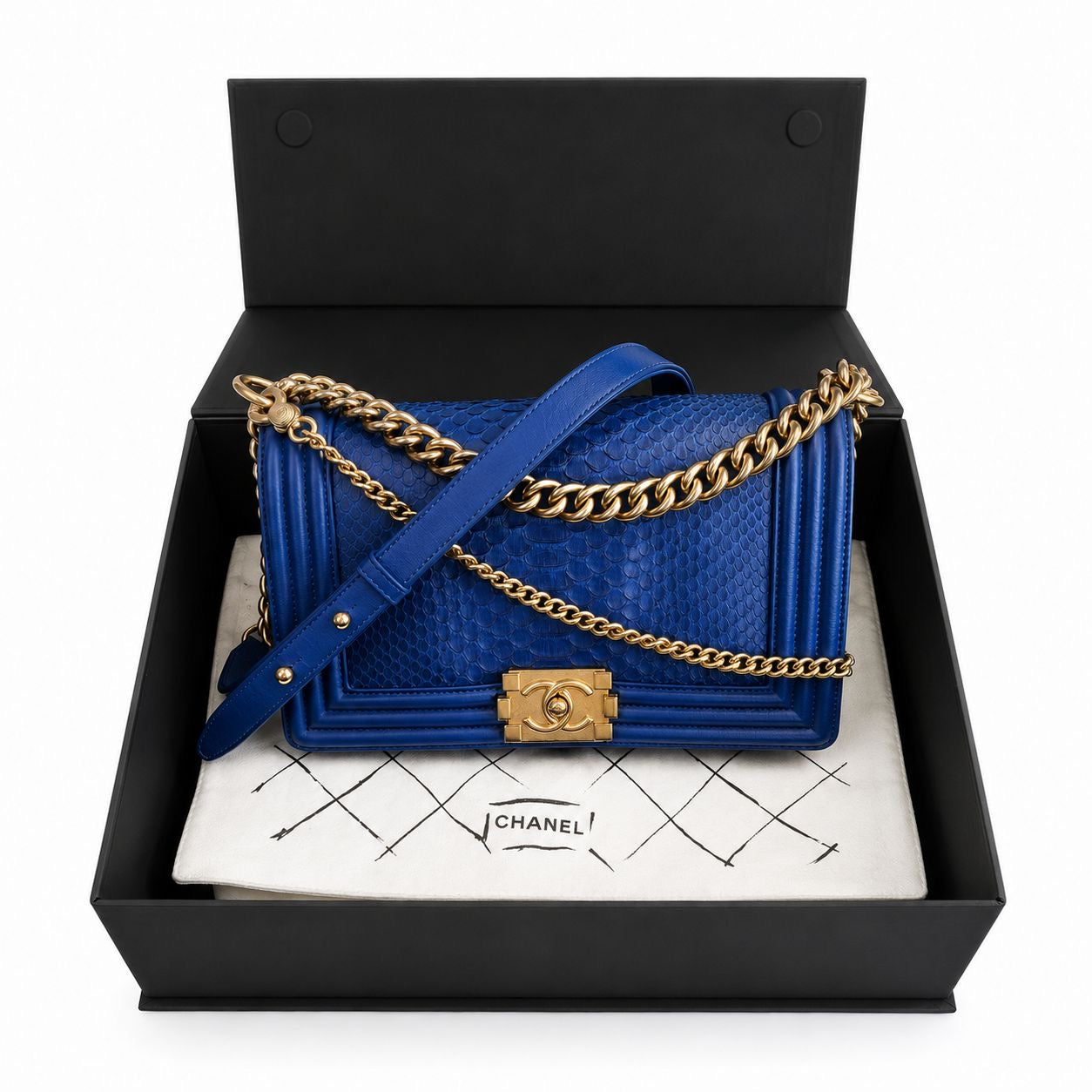 CHANEL - *RARE* BOY BAG BLUE ROYAL PYTHON WITH ANTIQUE GOLD HARDWARE