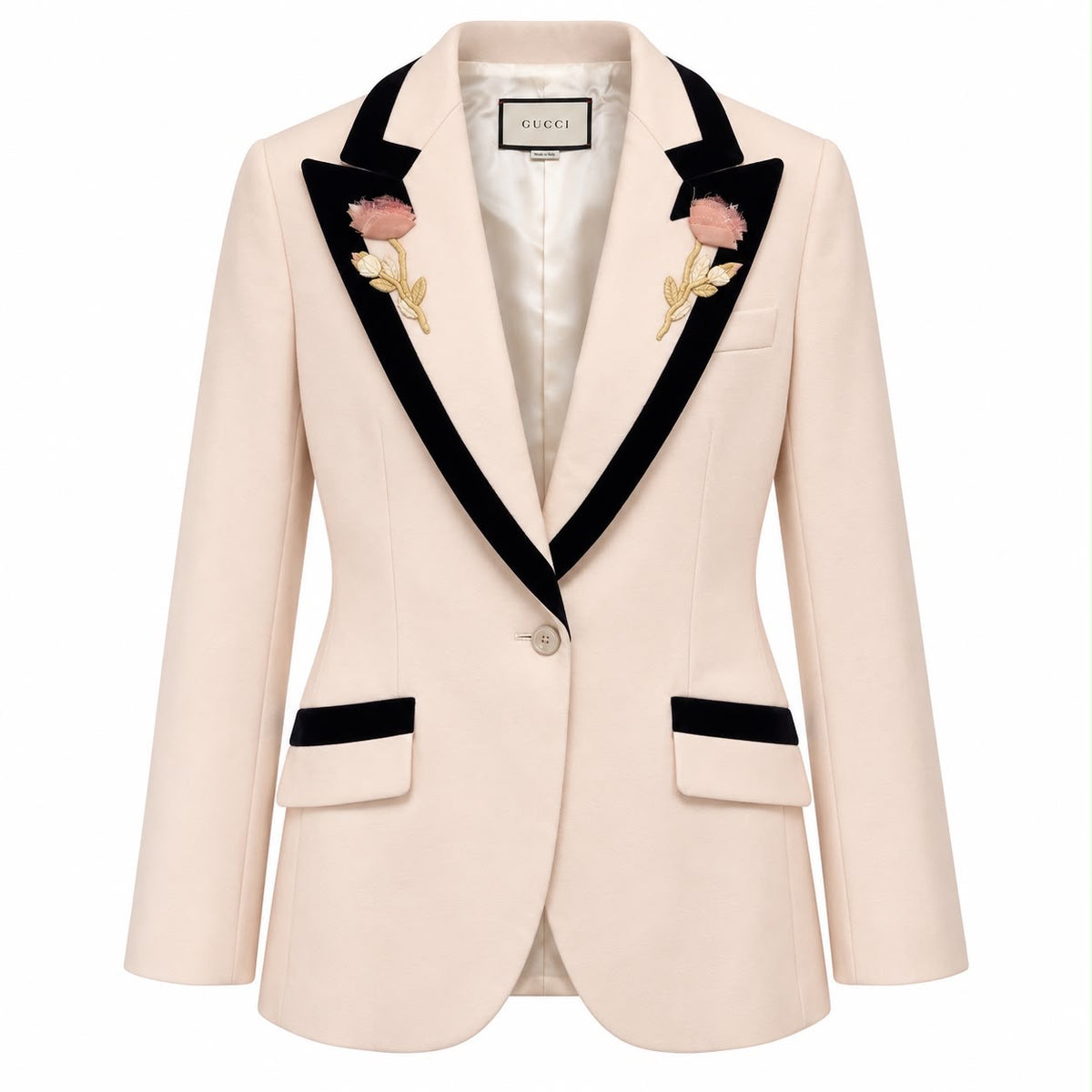 GUCCI – IVORY WOOL TROUSER SUIT WITH BLACK VELVET TRIM AND FLORAL APPLIQUÉS SIZE 42 IT