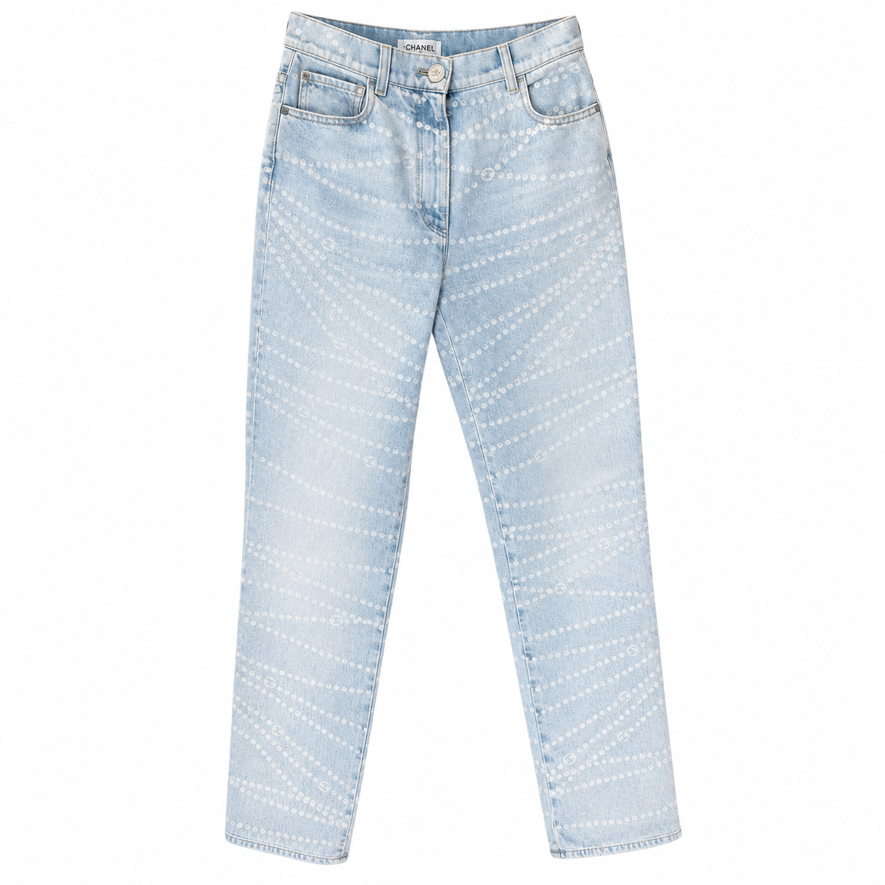 CHANEL - *COLLECTION 2025* JEANS PEARL PRINT LIGHT BLUE SIZE 34 FR