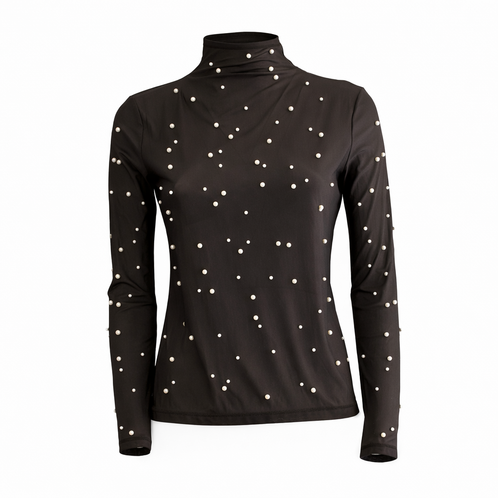 CHANEL - TOP TURLENECK BLACK WITH WHITE PEARLS SIZE 38 FR