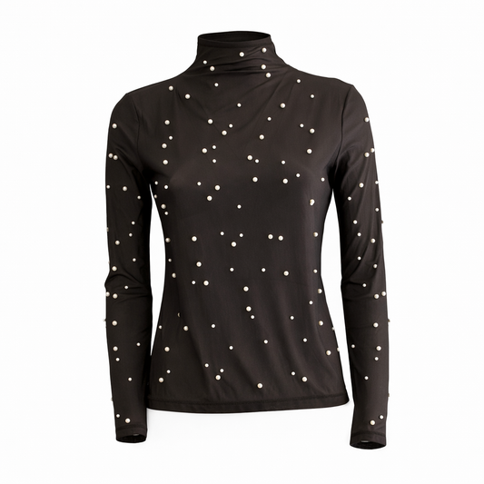 CHANEL - TOP TURLENECK BLACK WITH WHITE PEARLS SIZE 38 FR