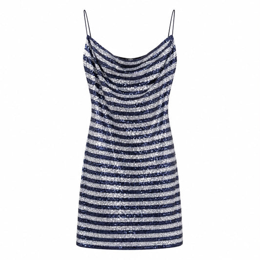 BALMAIN - DRESS MINI SEQUIN STRIPED SILVER & NAVY SIZE 44 FR