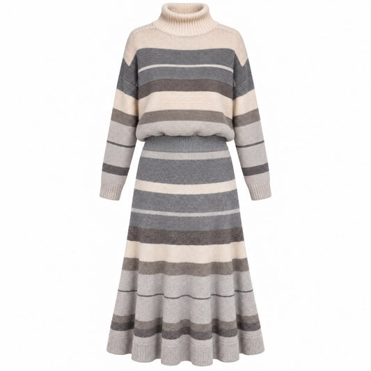 LORO PIANA - SET SWEATER & SKIRT STRIPED TURTLENECK BEIGE GREY & WHITE SIZE 38/40 IT