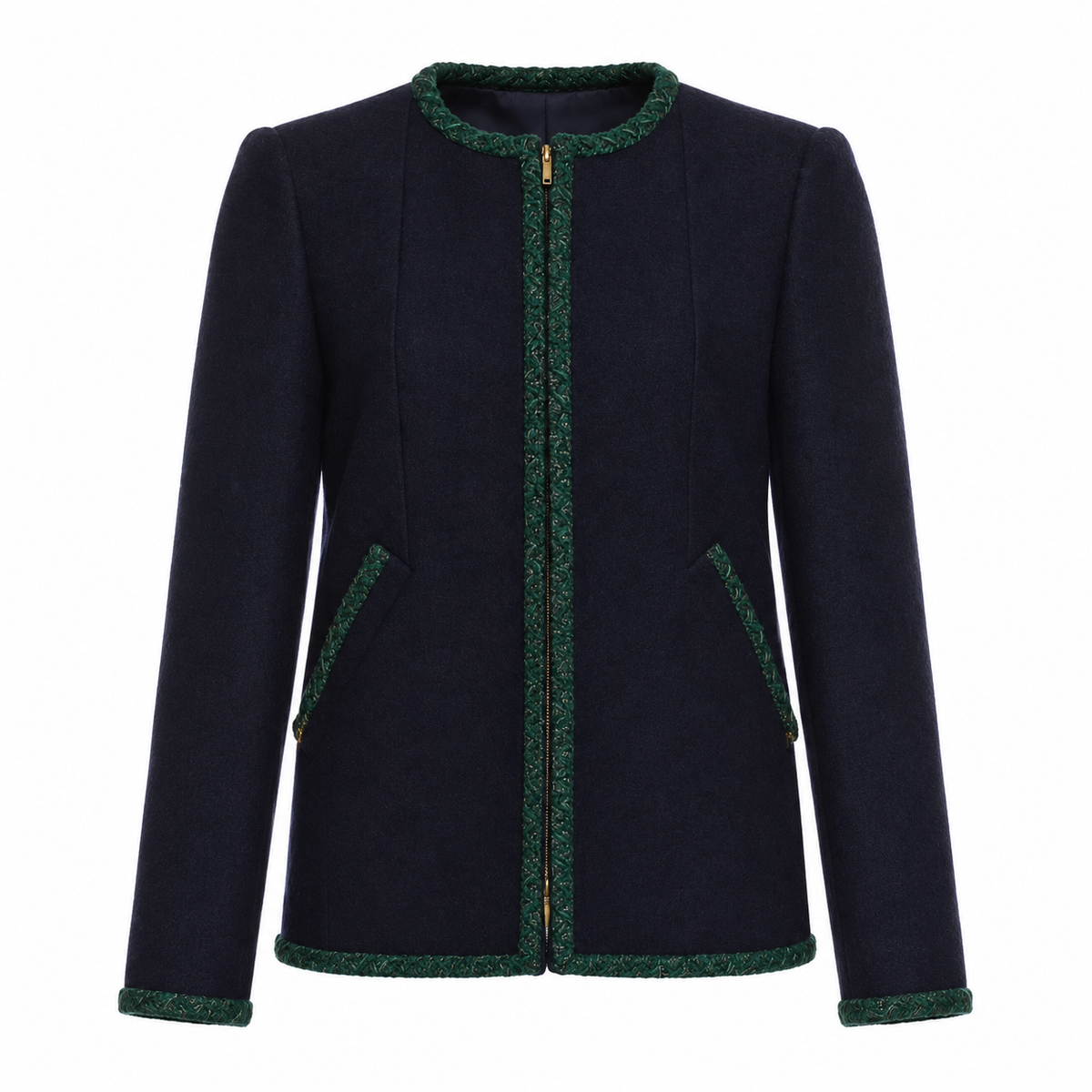 CHANEL - JACKET WOOL NAVY BLUE WITH GREEN BRAIDED TWEED TRIM SIZE 38 FR