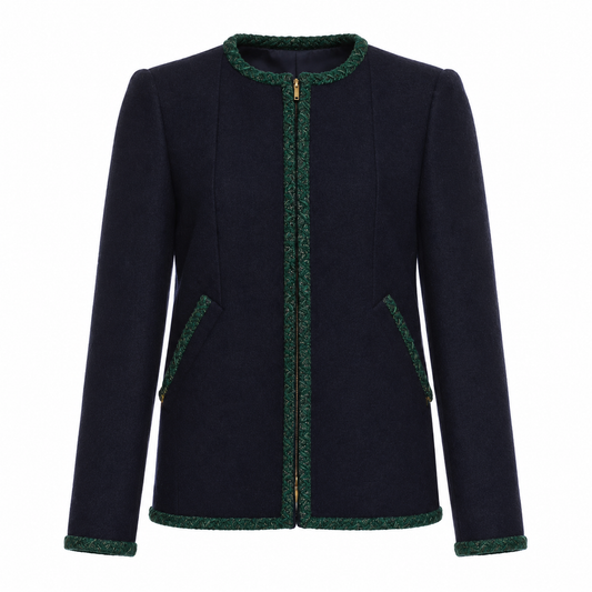 CHANEL - JACKET WOOL NAVY BLUE WITH GREEN BRAIDED TWEED TRIM SIZE 38 FR