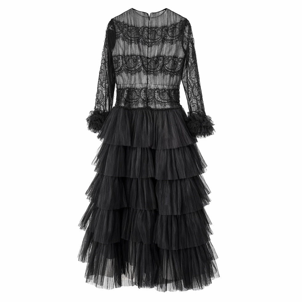 ELIE SAAB - GALA DRESS LONG-SLEEVE BLACK RUFFLES SIZE XS/14Y
