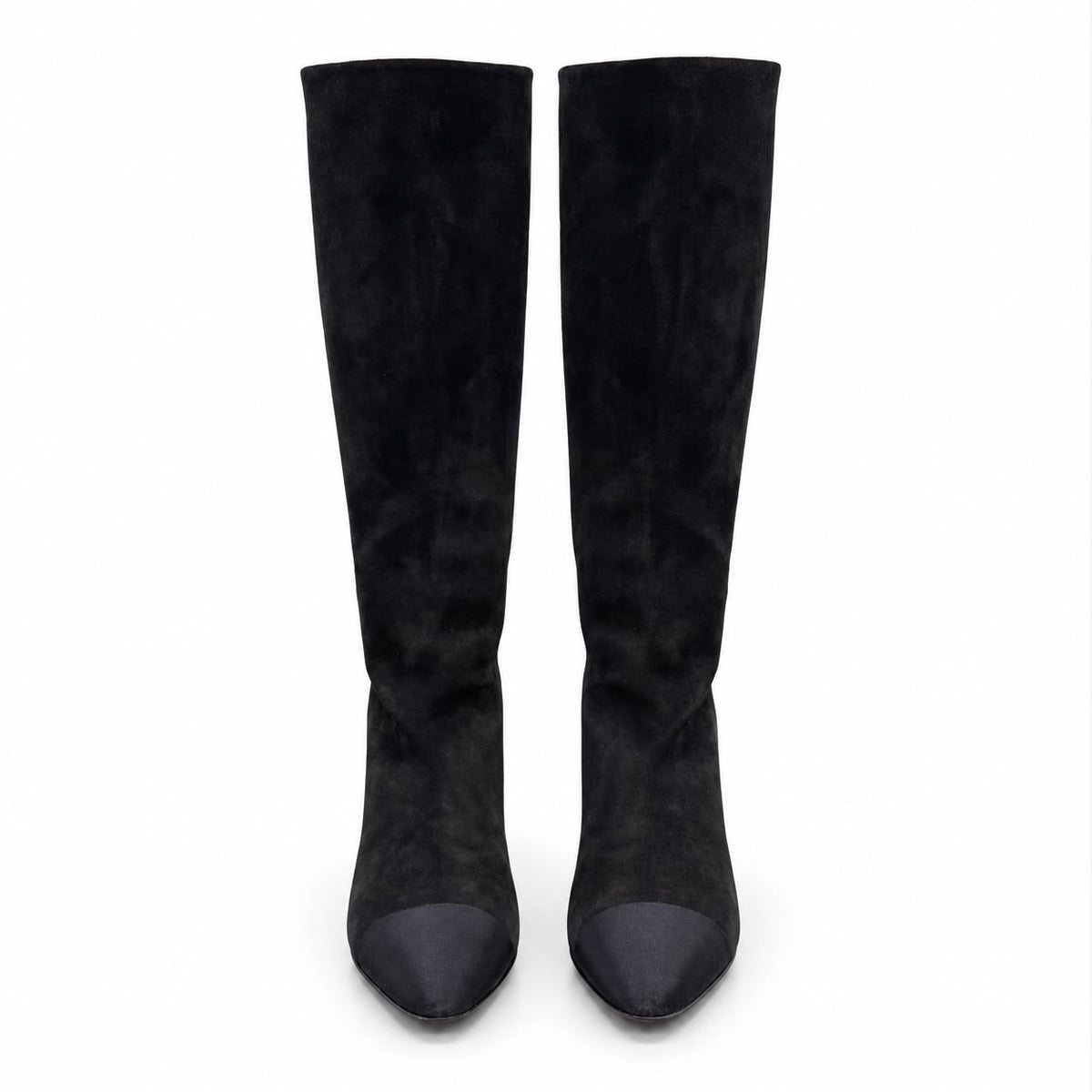 CHANEL - HIGH BOOTS BLACK SUEDE WITH CAP TOE & METALLIC HEEL SIZE 37 C