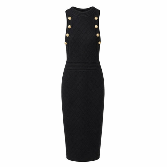 BALMAIN - *NEW WITH TAG* DRESS LONG BLACK SLEEVELESS GOLD DETAILS SIZE 34 FR