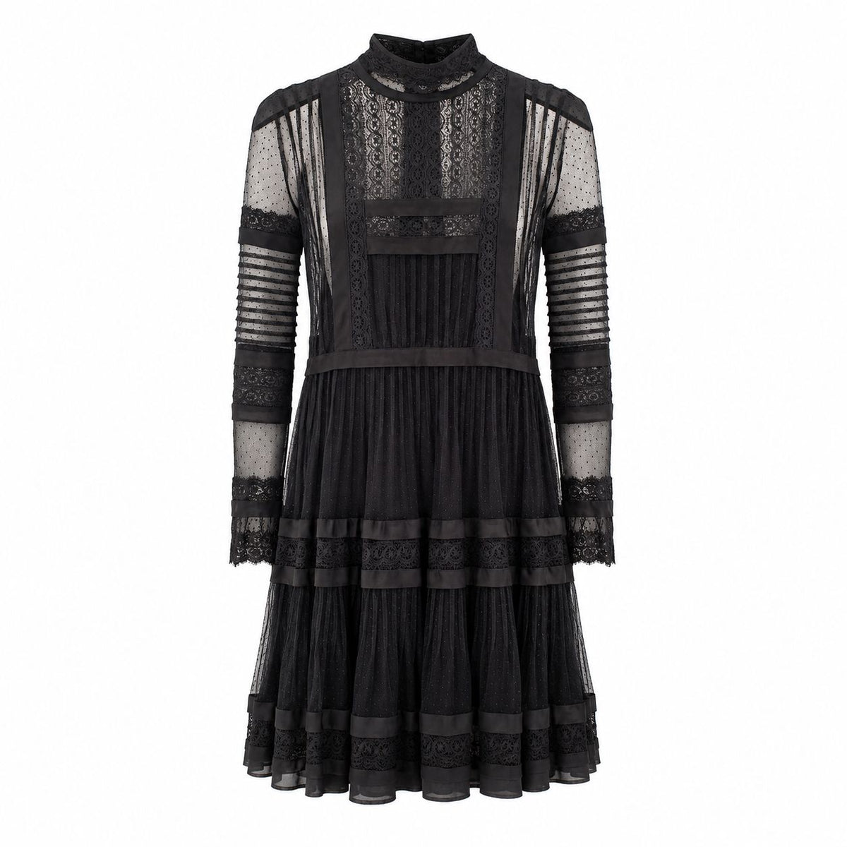VALENTINO - DRESS MIDI BLACK WITH LACE & SHEER TULLE INSERTS SIZE 40 IT