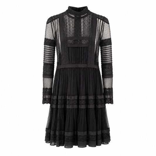 VALENTINO - DRESS MIDI BLACK WITH LACE & SHEER TULLE INSERTS SIZE 40 IT
