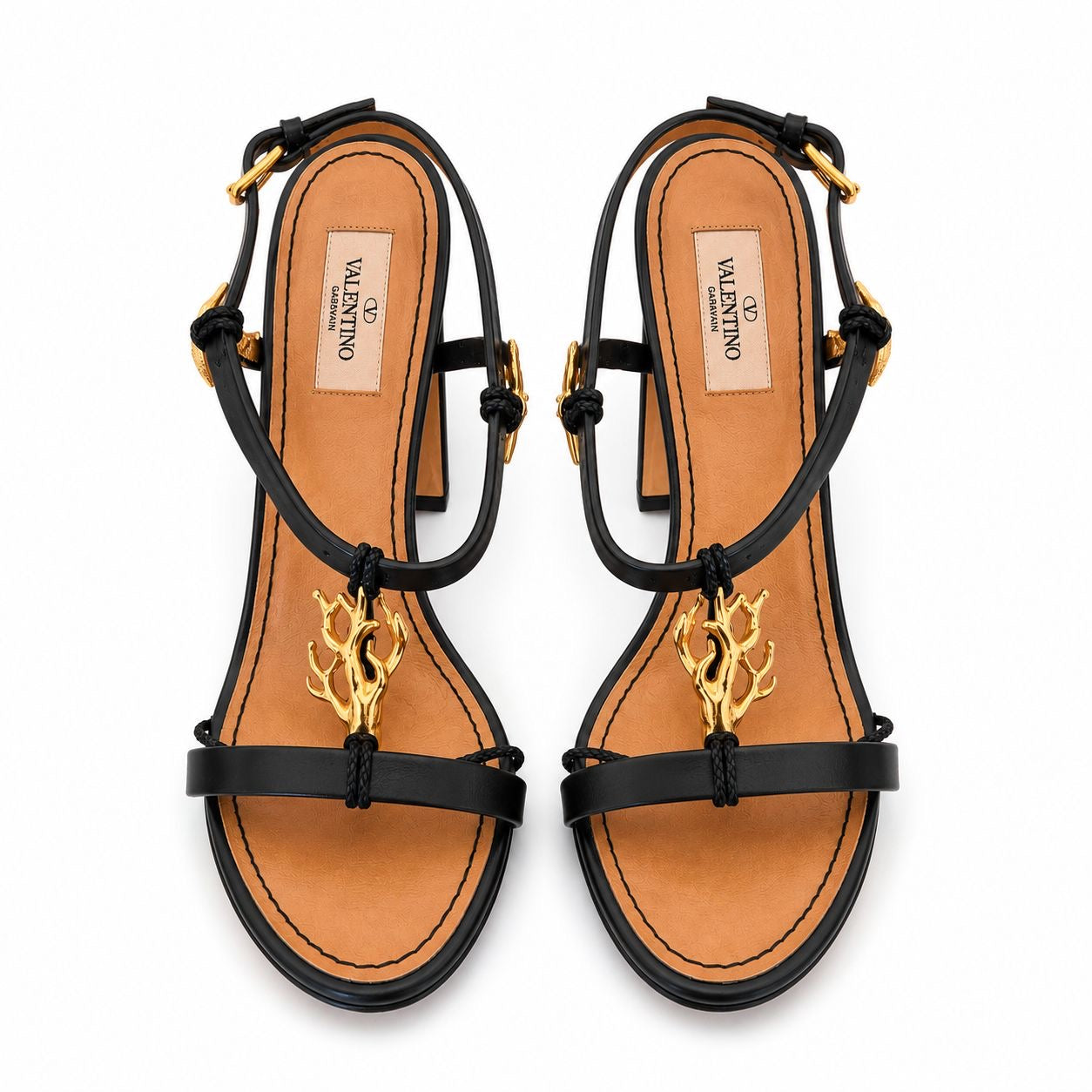 VALENTINO - SANDALS HIGH BLACK LEATHER WITH MARINE GOLD EMBELLISHMENTS SIZE 38 EU