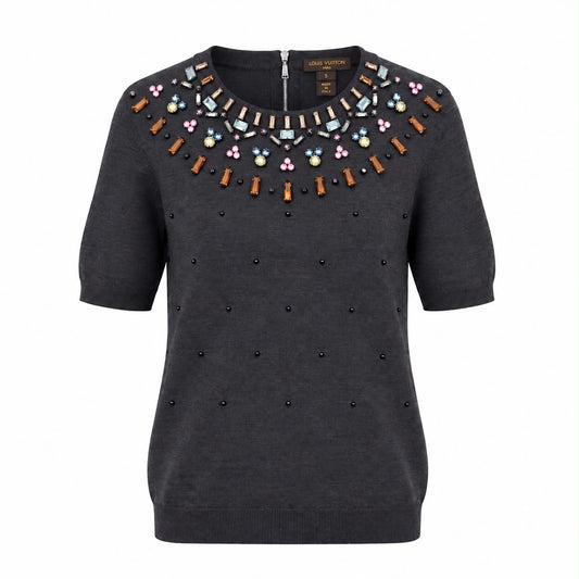 LOUIS VUITTON - SWEATER GREY WOOL-BLEND SHORT-SLEEVE WITH MULTICOLOR CRYSTAL EMBELLISHED SIZE S