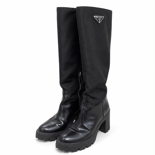 PRADA - BOOTS HIGH RE-NYLON KNEE-HIGH WITH TRIANGLE LOGO MONOLITH SOLE SIZE 37,5 EU