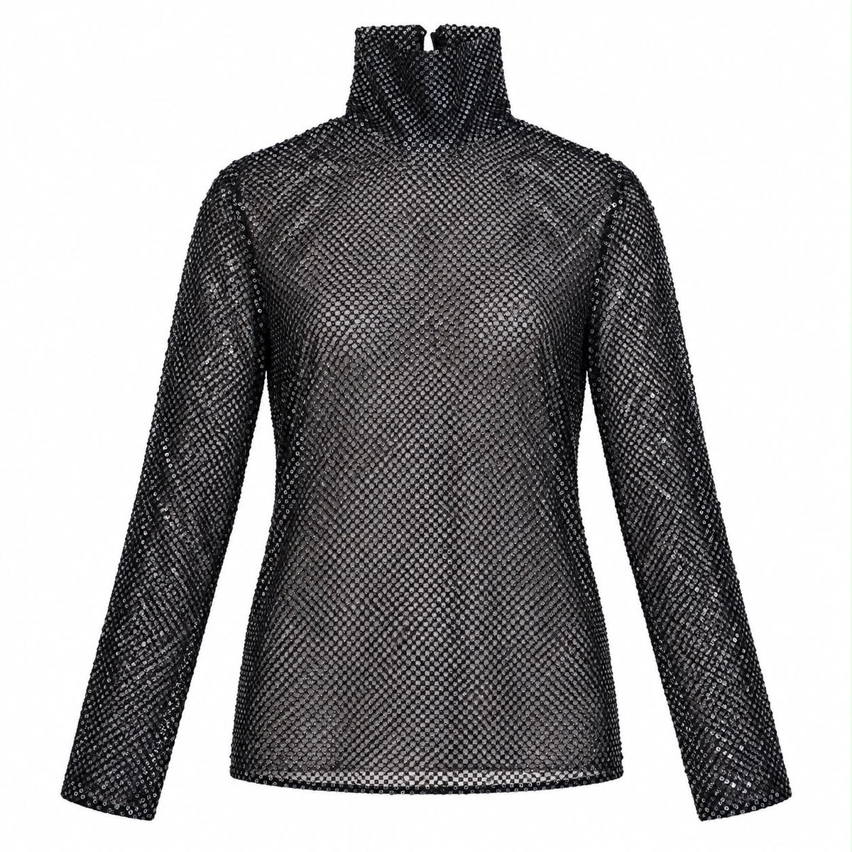 VALENTINO - TOP BLACK SHEER MESH TURTLENECK WITH SEQUIN EMBELLISHMENT SIZE S