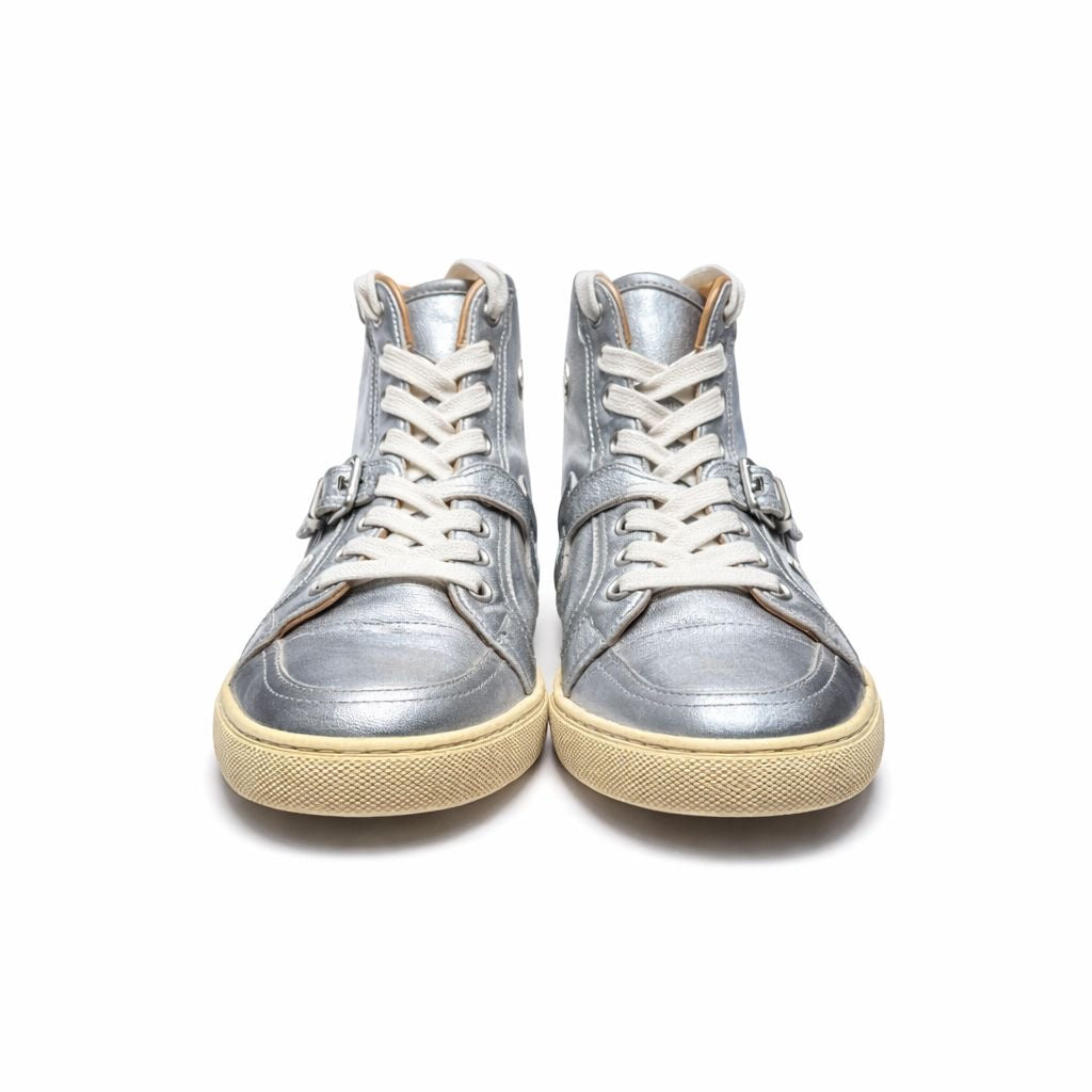 HERMÈS - SNEAKERS METALLIC SILVER LEATHER SIZE 38 EU
