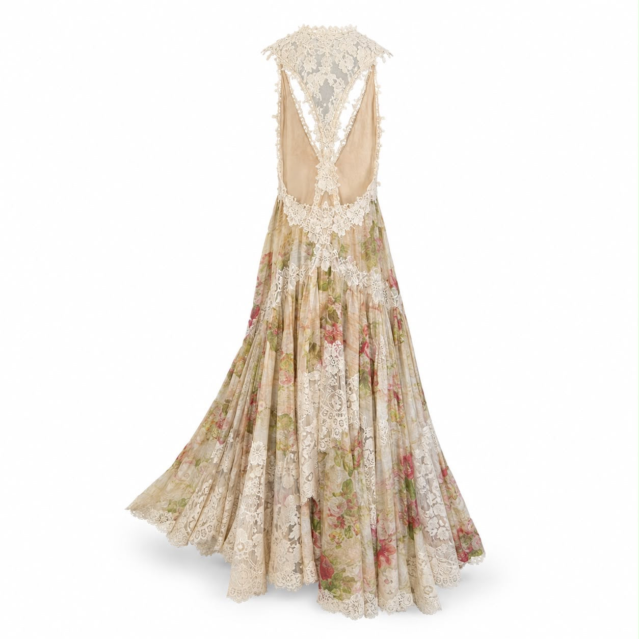 ZIMMERMANN - DRESS MAXI MULTICOLOR LACE-TRIMMED FLORAL LINEN & SILK SIZE 0