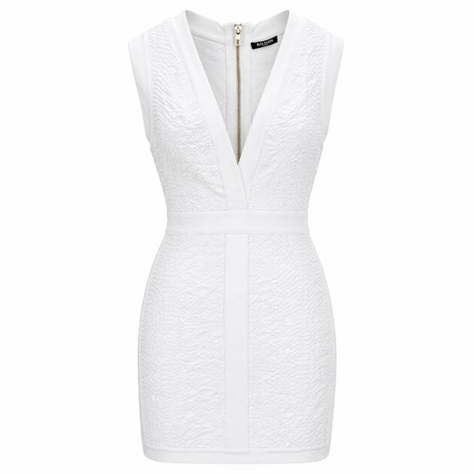 BALMAIN - DRESS MINI WHITE KNITTED JACQUARD SIZE 36 FR