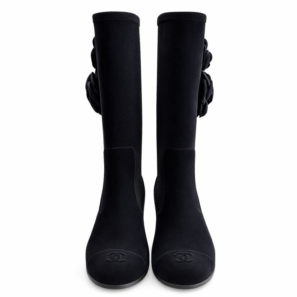 CHANEL - RAIN BOOTS BLACK VELVET CAMÉLIA DÉTAIL