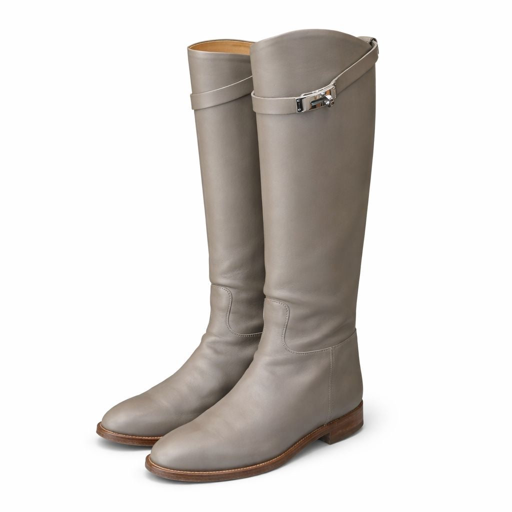 HERMÈS - BOOTS JUMPING LEATHER ÉTOUPE SILVER HARDWARE SIZE 37 EU