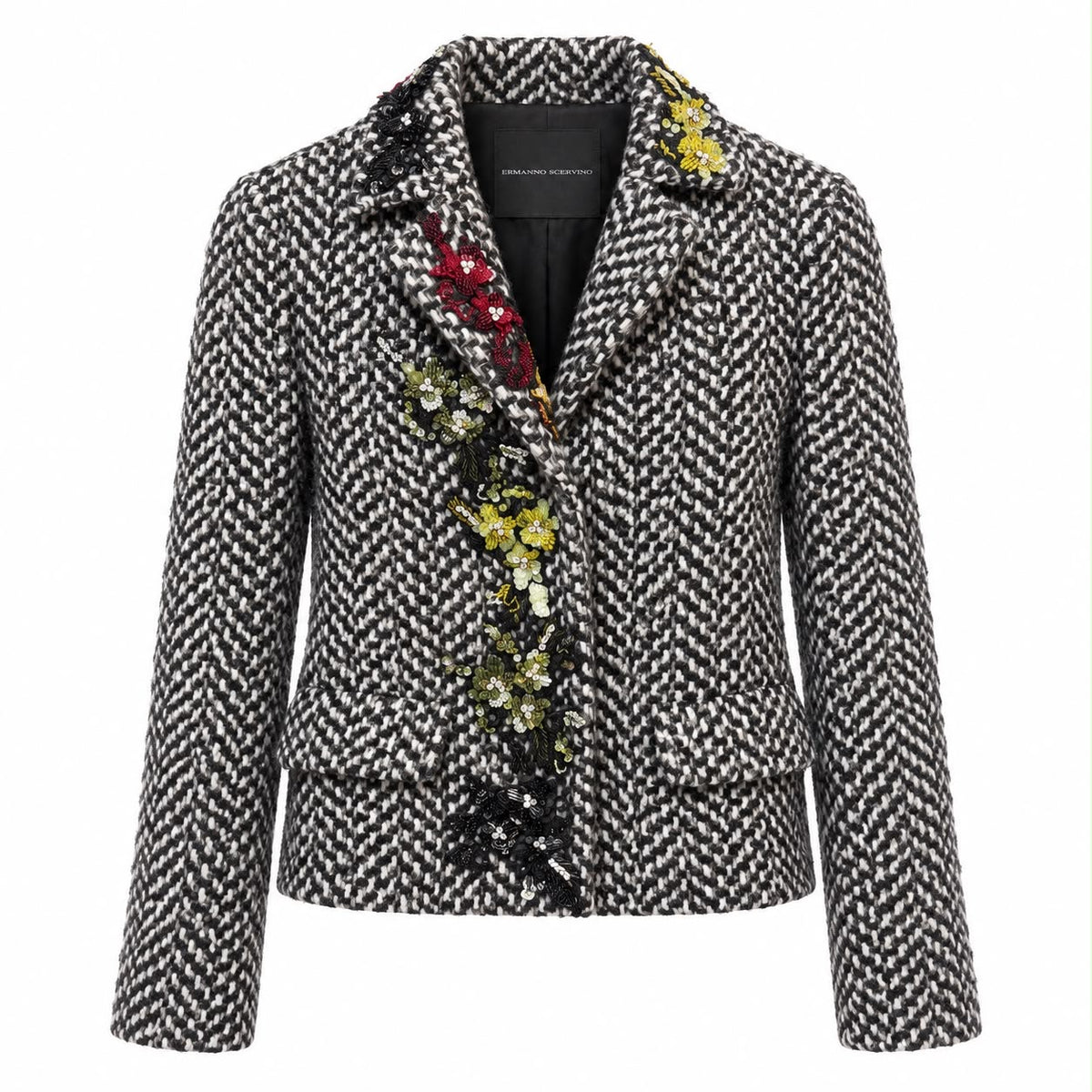 ERMANNO SCERVINO - SET JACKET & MINI SKIRT TWEED BLACK & WHITE WITH MULTICOLOR FLORAL EMBELLISHMENT SIZE 40/38 IT