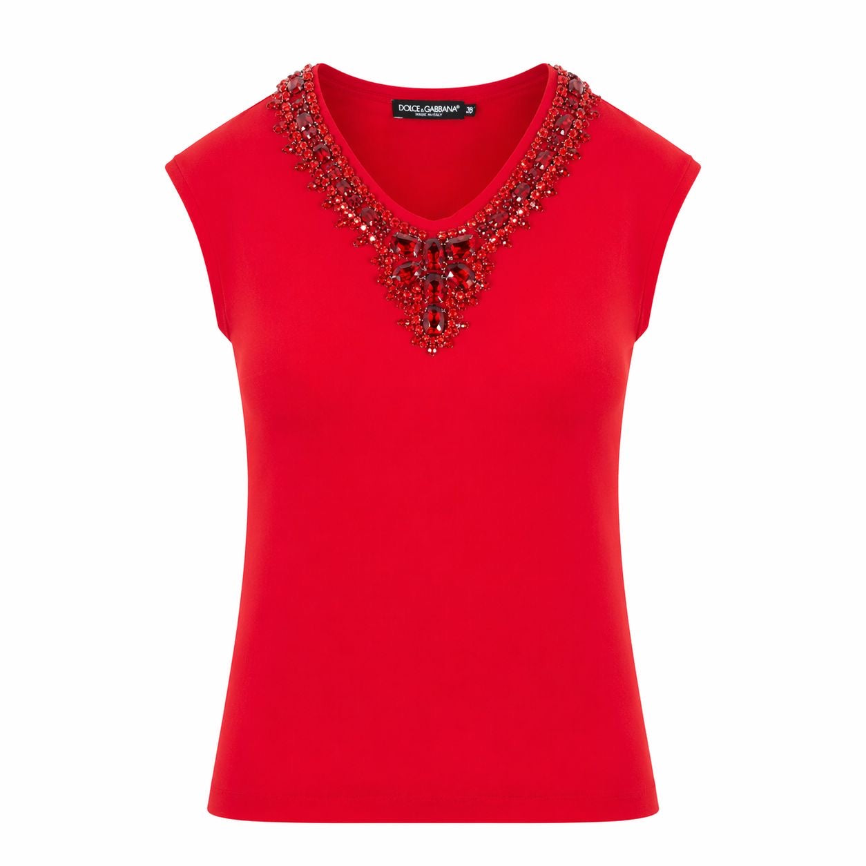 DOLCE & GABBANA - TOP SLEVELESS RED SILK JEWEL-EMBELLISHED NECKLINE SIZE 38 IT