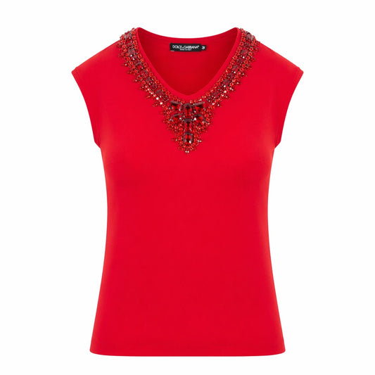 DOLCE & GABBANA - TOP SLEVELESS RED SILK JEWEL-EMBELLISHED NECKLINE SIZE 38 IT