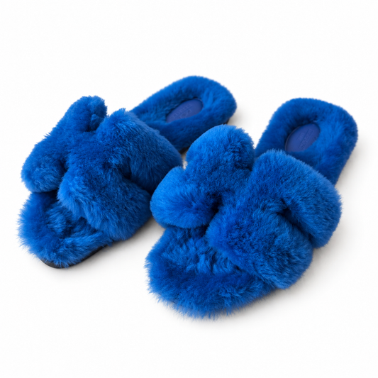 HERMÈS - *NEVER WORN* SANDALS ORAN ELECTRIC BLUE SHEARLING SIZE 37 EU