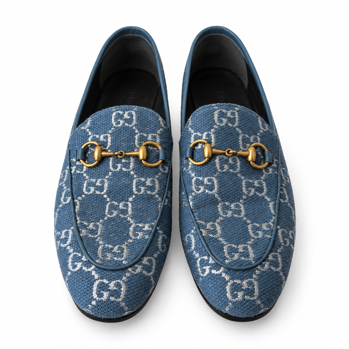 GUCCI - LOAFERS HORSEBIT BLUE GG MONOGRAM WITH SILVER-TONE EMBROIDERY SIZE 37 EU