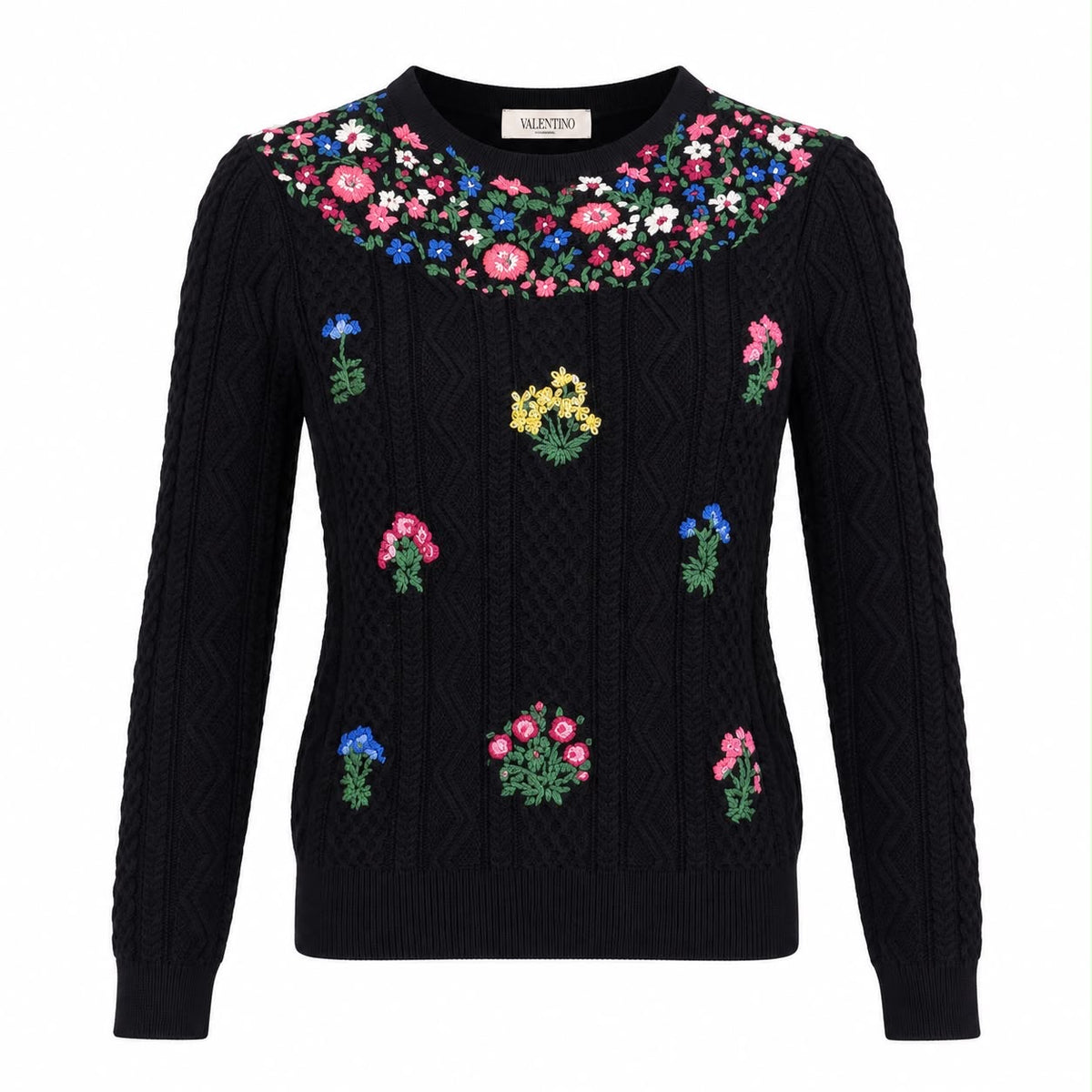 VALENTINO - SWEATER BLACK WOOL WITH MULTICOLOR FLORAL EMBROIDERY SIZE S
