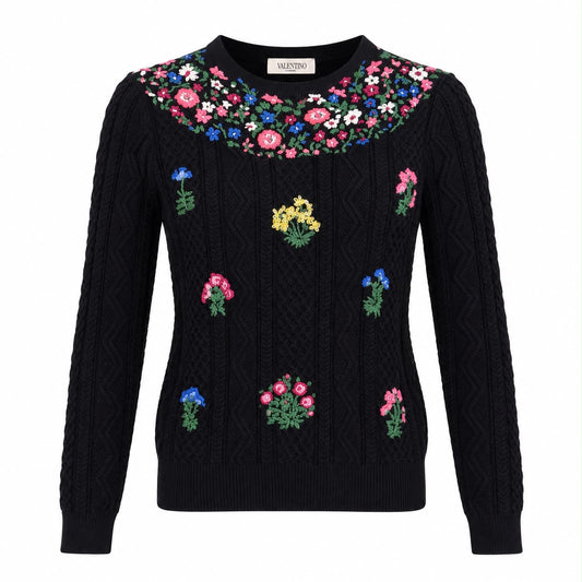 VALENTINO - SWEATER BLACK WOOL WITH MULTICOLOR FLORAL EMBROIDERY SIZE S