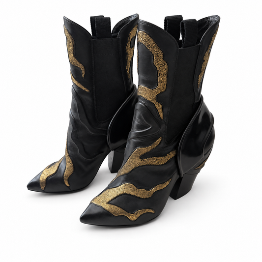 LOUIS VUITTON - ANKLE BOOTS WESTERN IN BLACK LEATHER WITH GOLD FLAMES DETAILS SIZE 37 EU