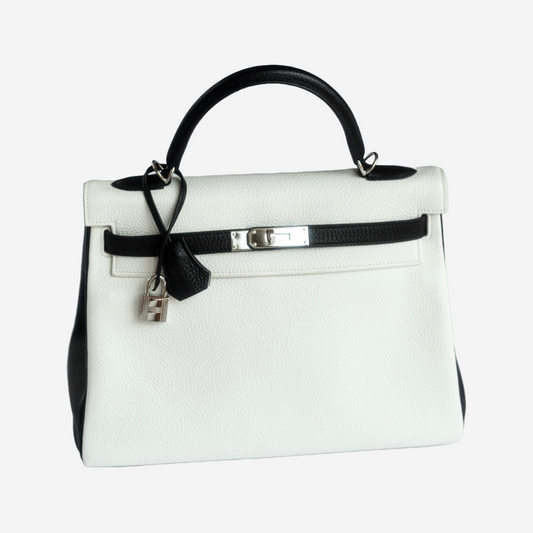 HERMÈS - BAG KELLY 32 BICOLOR BLACK & WHITE PALLADIUM HARDWARE