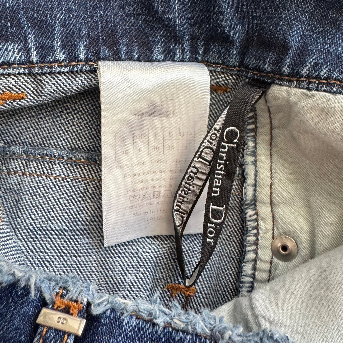 DIOR - JEANS BLUE HIGH-WAISTED WIDE-LEG WHITE FRINGED TRIM SIZE 36 FR