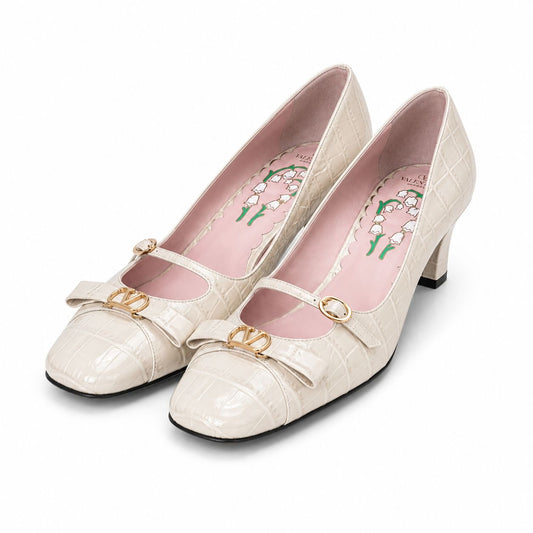 VALENTINO GARAVANI - PUMPS BOWOW 45 IN CREAM CROC-EFFECT CALFSKIN SIZE 40 EU