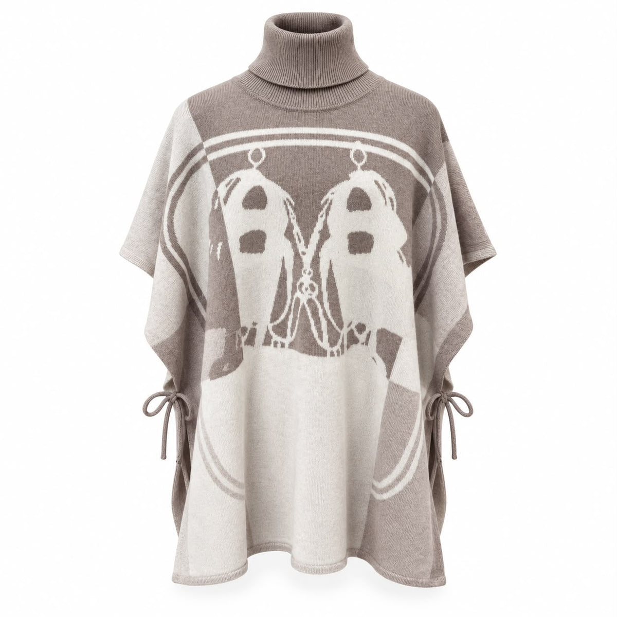 HERMÈS – PONCHO CASHMERE EQUESTRIAN JACQUARD TURTLENECK IN TAUPE & IVORY SIZE U
