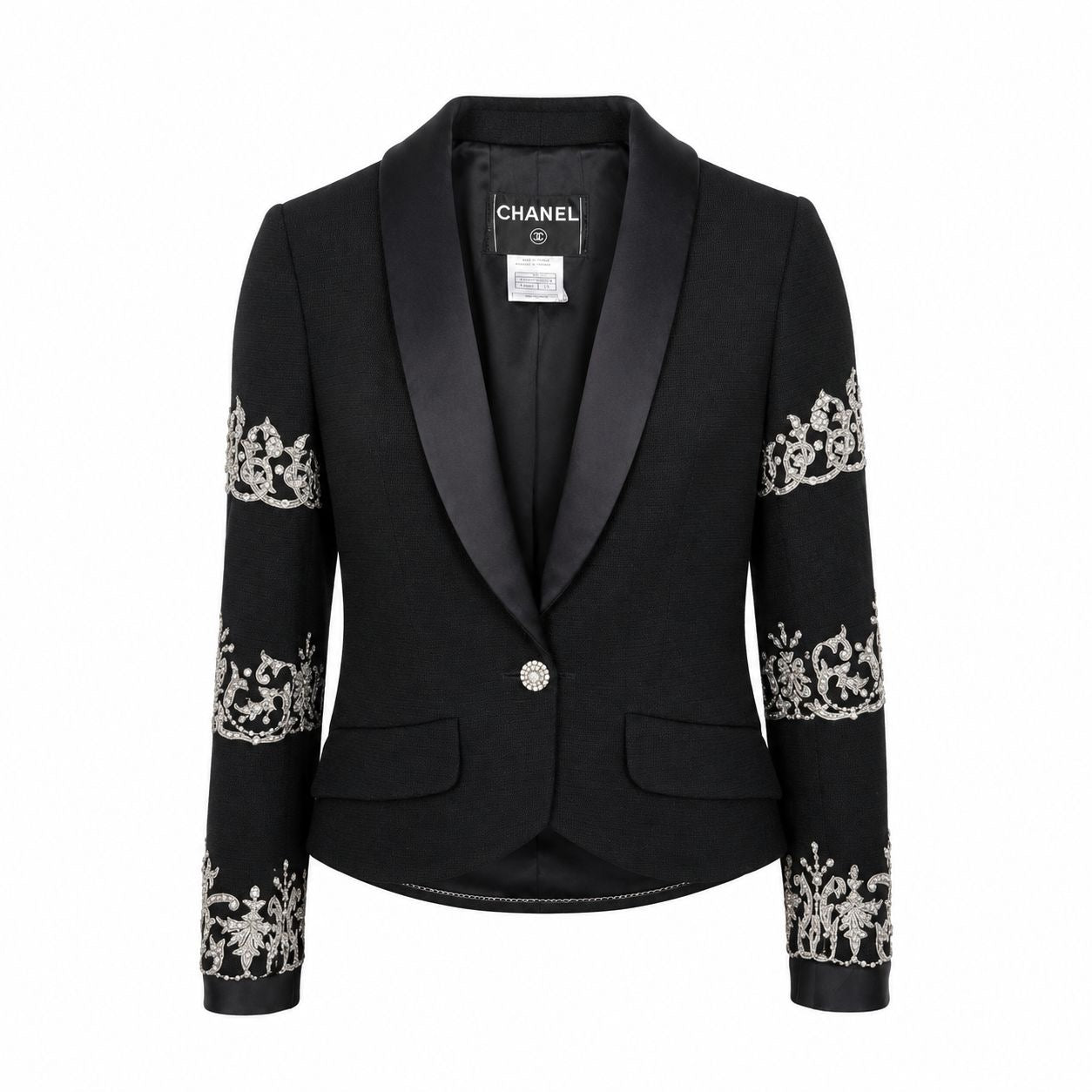 CHANEL - *RARE* JACKET BLACK WITH SILVER EMBROIDERY AND CRYSTALS SIZE 36 FR