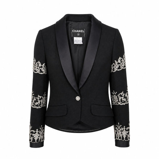 CHANEL - *RARE* JACKET BLACK WITH SILVER EMBROIDERY AND CRYSTALS SIZE 36 FR