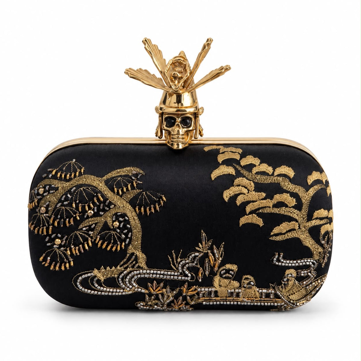ALEXANDER MCQUEEN – CLUTCH BLACK SATIN EMBROIDERED WITH GOLD-TONE SAMURAI SKULL CLOSURE