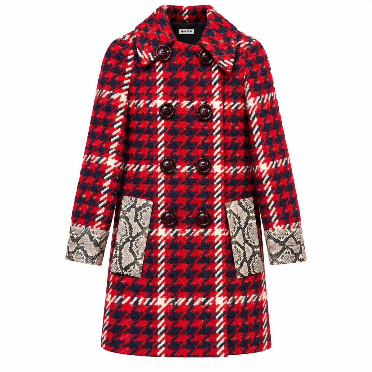 MIU MIU - COAT LONG TWEED HOUNDSTOOTH RED & NAVY BLUE SIZE 36 IT