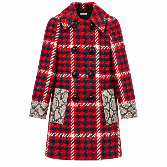 MIU MIU - COAT LONG TWEED HOUNDSTOOTH RED & NAVY BLUE SIZE 36 IT