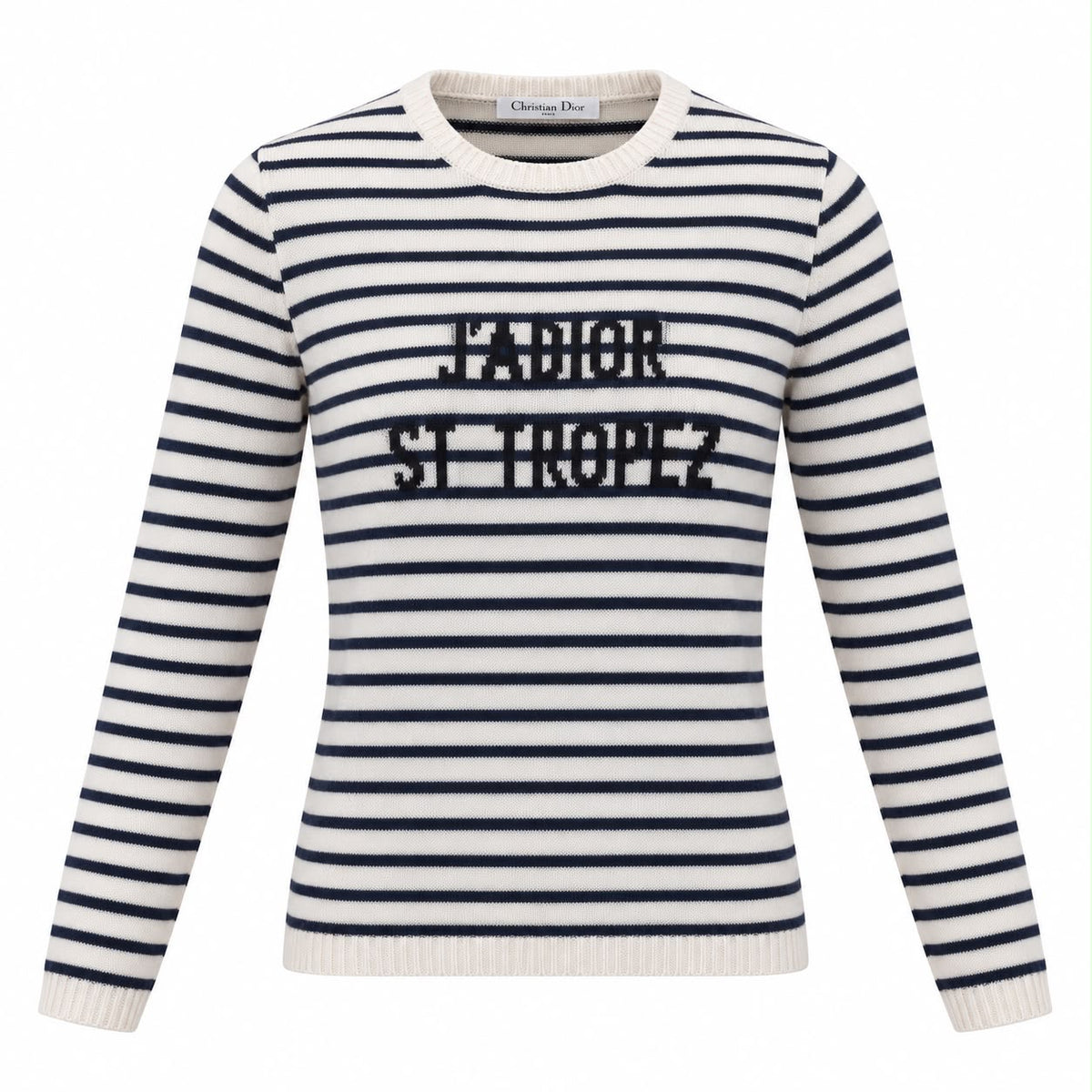 DIOR – SWEATER J’ADIOR ST TROPEZ IN IVORY AND NAVY STRIPED CASHMERE SIZE FR 34 / IT 38