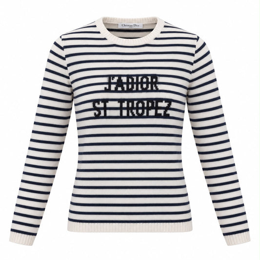 DIOR – SWEATER J’ADIOR ST TROPEZ IN IVORY AND NAVY STRIPED CASHMERE SIZE FR 34 / IT 38