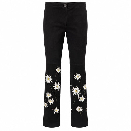 CHANEL - TROUSERS BLACK LAMBSKIN & COTTON EDELWEISS EMBROIDERY SIZE 34 FR