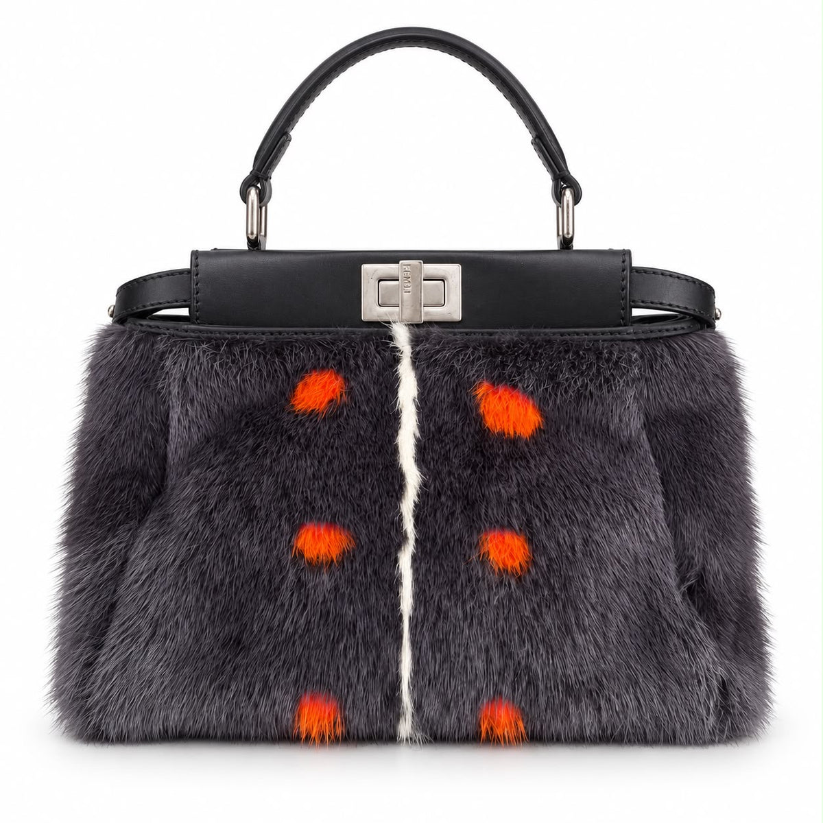 FENDI – BAG MINI PEEKABOO GREY FUR WITH ORANGE POLKA DOTS AND SILVER-TONE HARDWARE
