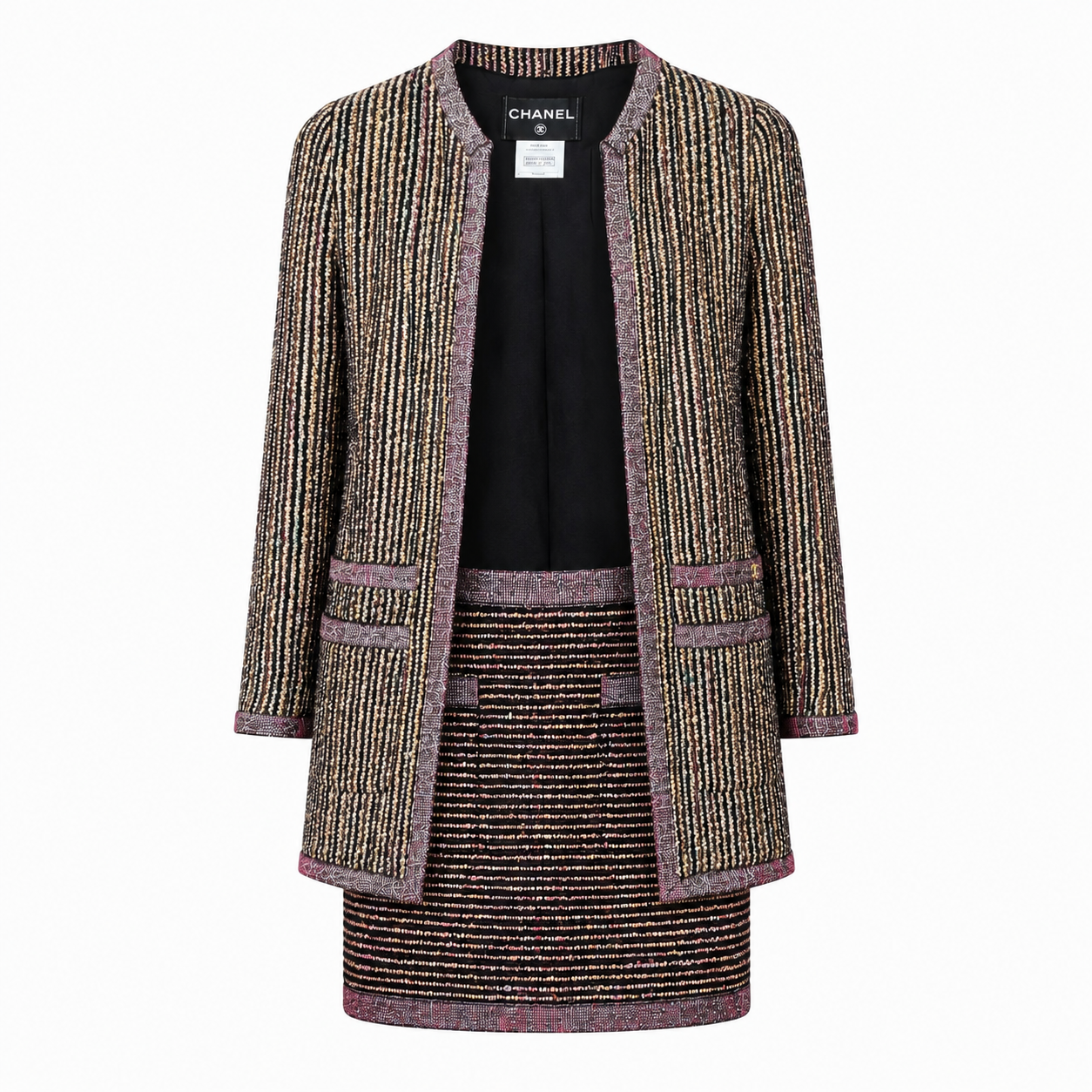 CHANEL – JACKET AND SKIRT SET WITH METALLIC GOLD STRIPES SIZE 34 FR