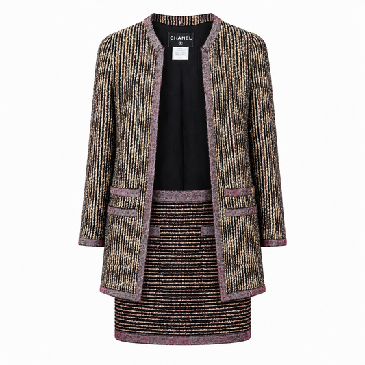 CHANEL – JACKET AND SKIRT SET WITH METALLIC GOLD STRIPES SIZE 34 FR