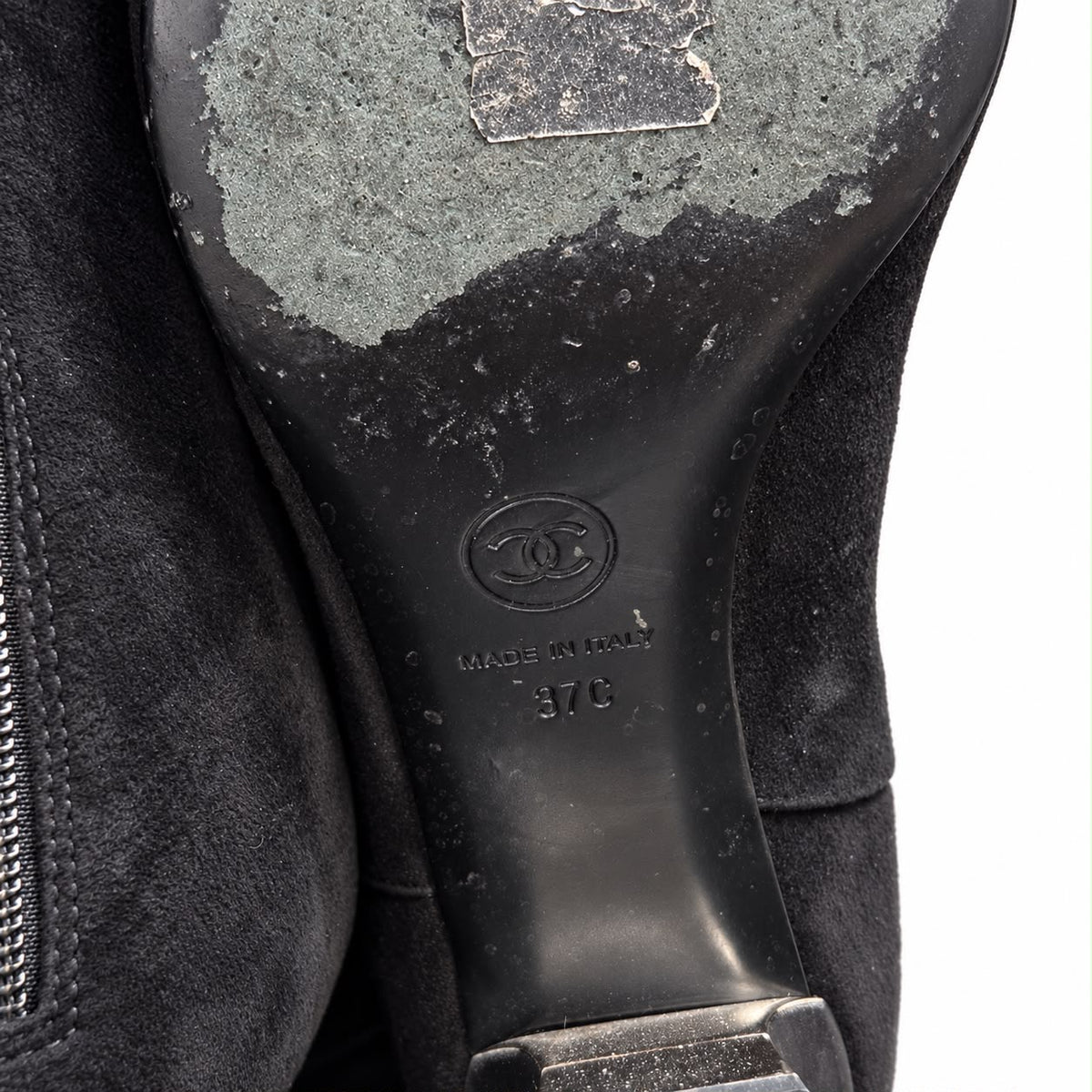 CHANEL - HIGH BOOTS BLACK SUEDE WITH CAP TOE & METALLIC HEEL SIZE 37 C