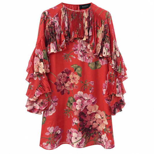 GUCCI - DRESS MINI BORDEAUX DARK RED MULTICOLOR FLORAL SILK RUFFLE SIZE 40 IT