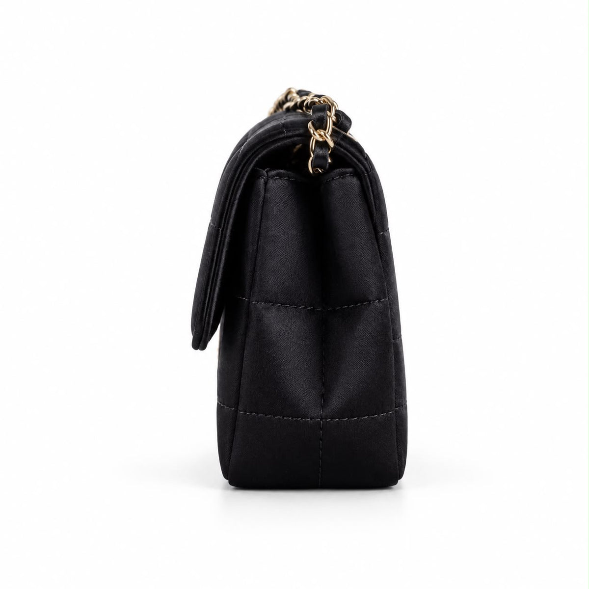 CHANEL - SMALL BAG BLACK SATIN CHOCOLATE BAR QUILTED FLAP WITH GOLD-TONE HARDWARE