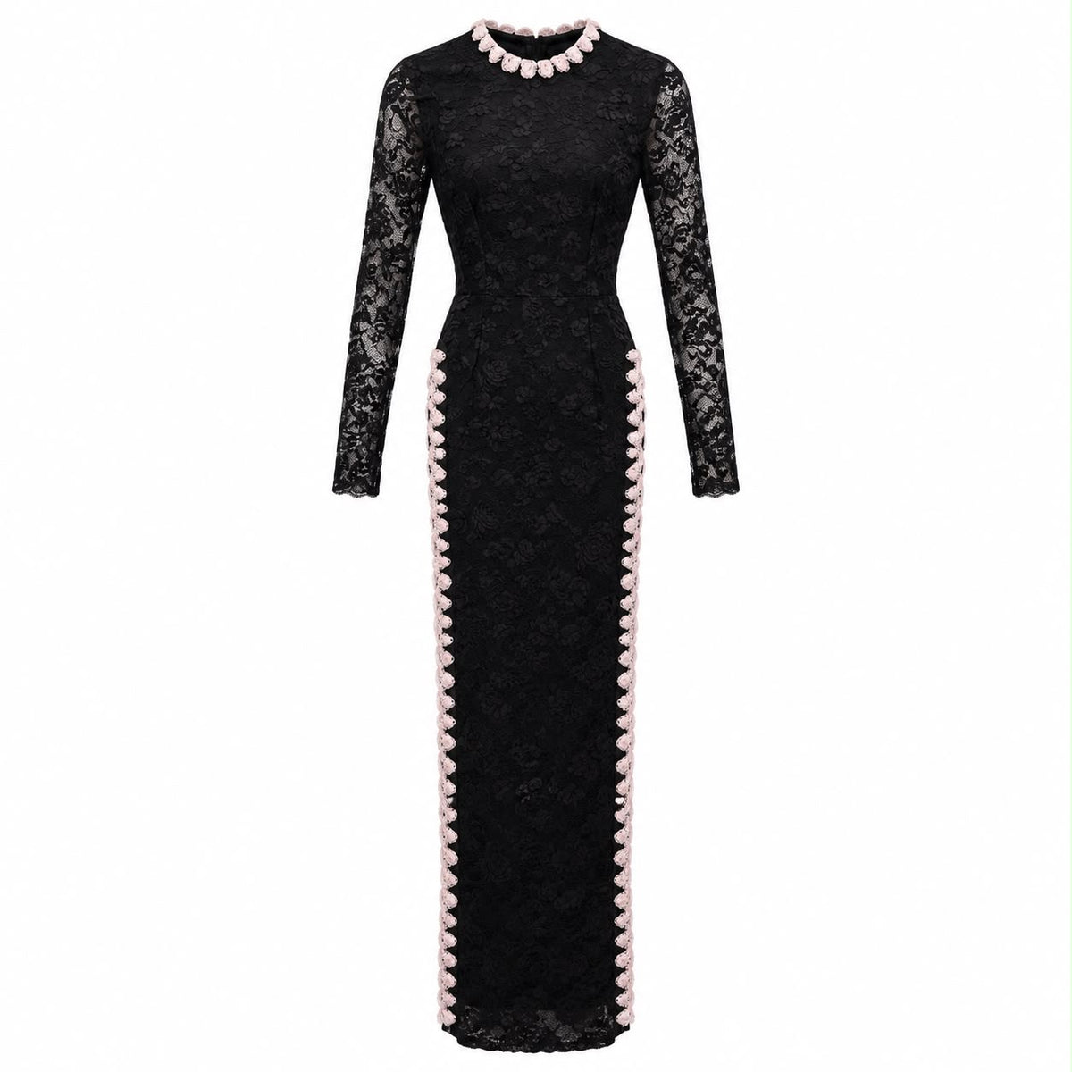 ALESSANDRA RICH – DRESS IN BLACK FLORAL LACE WITH PINK TRIM AND BOW IT 38 / FR 34